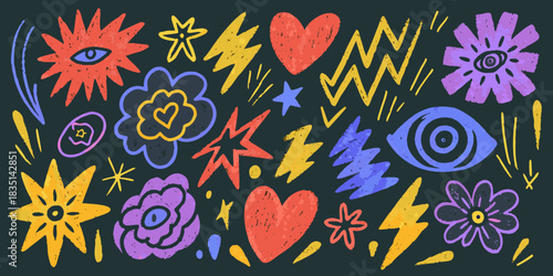 Colorful hand drawn doodles of stars hearts flowers and eyes on dark background