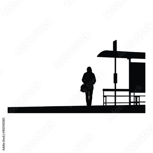 Silhouette of woman walking to bus stop ready for commuting in urban area