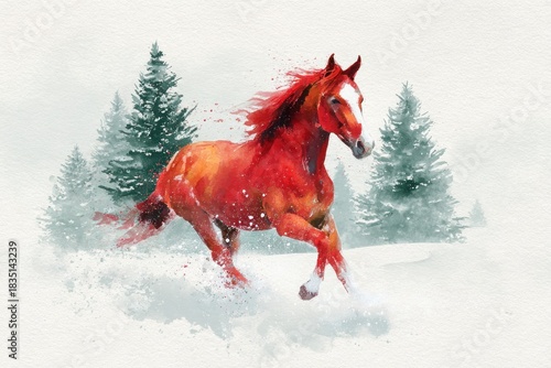 Watercolor New Year's illustration, symbol of 2026: a red fiery horse running through a snowy forest. Chinese New Year. AI generative.