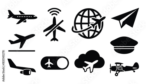 Airplane icons set. Symbols for travel, aviation, flight, airport, and global transportation.