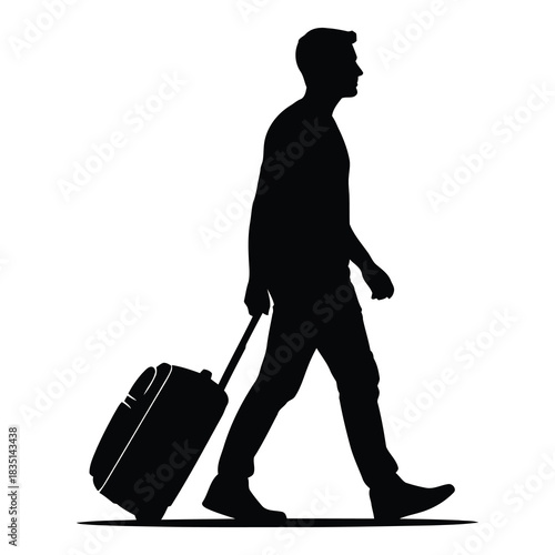 Traveler silhouette walking with rolling suitcase on white background for design use