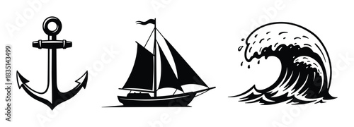 Anchor icon. Sailboat icon. Wave icon. Nautical symbols. Marine and sea journey elements.