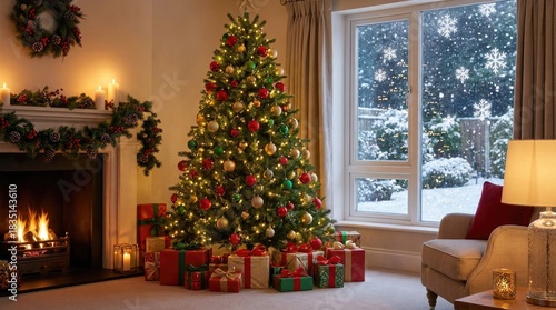 Cozy Christmas Living Room with Decorated Tree, Fireplace, and Snowy Window View