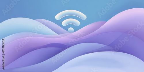 Wifi symbol over abstract purple and blue fluid waves. Wireless network connectivity and digital communication concept for modern technology.