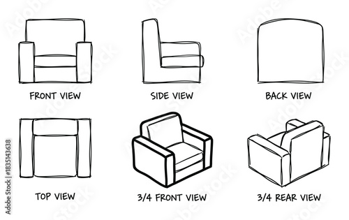 Armchair set in different angles. Furniture illustration collection. Doodle style chair views.