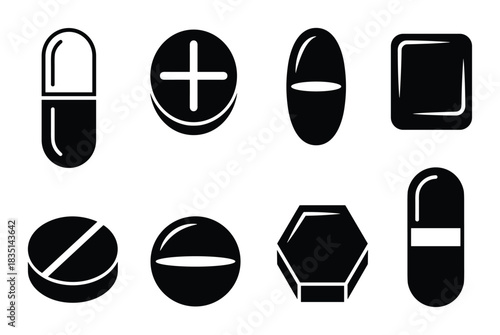 Assorted pill and capsule shapes, solid and outlined, for pharmacology and wellness illustrations.