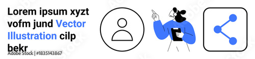 Technology, user management, social media, communication, network sharing, business . A person pointing at icons of a user profile and network sharing. User identity and communication