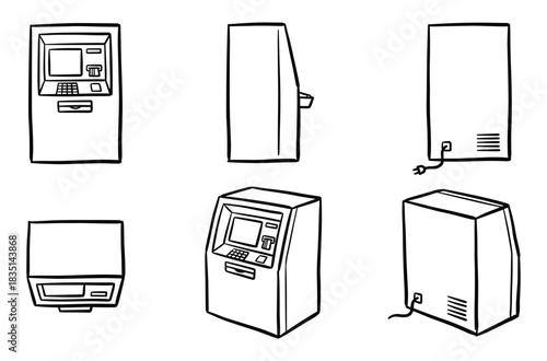 ATM machine set in different angles. Banking terminal illustration collection. Doodle style cash machine views.