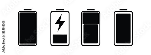 Battery charge indicator icons set. Full, low, charging, empty states. Power level symbols.