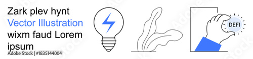Innovation, sustainable growth, cryptocurrency, decentralized finance, renewable energy, eco-friendly tech. A lightbulb, abstract plant forms and a hand holding a DeFi token. Innovation