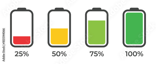 Battery charge indicators showing levels: 25% red, 50% yellow, 75% light green, 100% dark green.