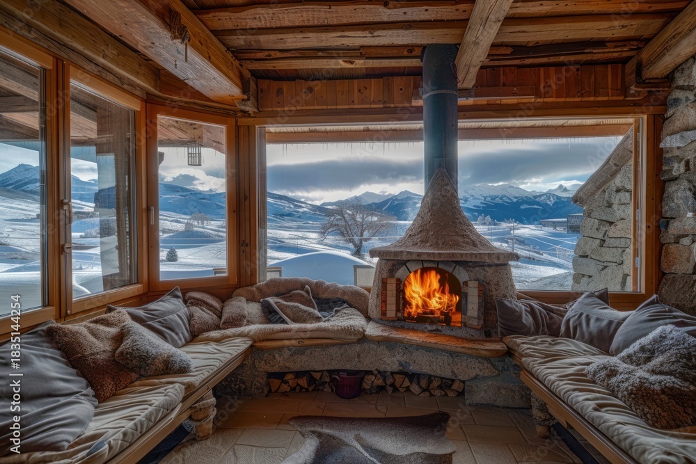 Fototapeta premium Fireplace furniture mountain window.