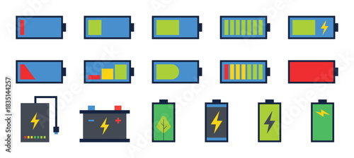 Battery charge level indicators set. Power source icons. Energy storage symbols. Modern and ecological battery types.