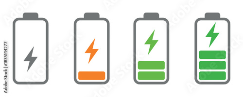 Battery charging status icons. Lightning bolt and progressive green fill. Power levels.