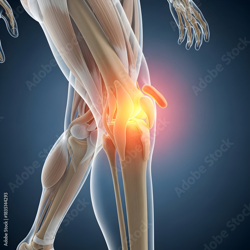 Knee Anatomy with Highlighted Pain Illustration on Blue Background