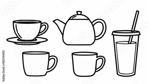 Collection of various drinkware including teacups, mugs, a teapot, and a cold beverage cup with a straw.