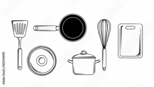 Collection of Hand Drawn Kitchen Utensils and Cookware.
