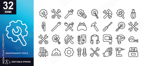 Maintenance tools Line Icon Set