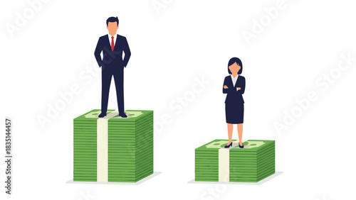 Gender pay gap visualized business concept with confident businessman and businesswoman standing on unequal stacks of money savings