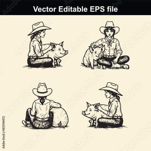 set of four vector editable eps file illustrations depicting a person wearing a cowboy hat interacting with a pig in various seated poses, perfect for farm or ranch themes