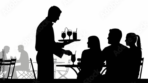 Silhouette of a waiter serving drinks to customers at an outdoor cafe.