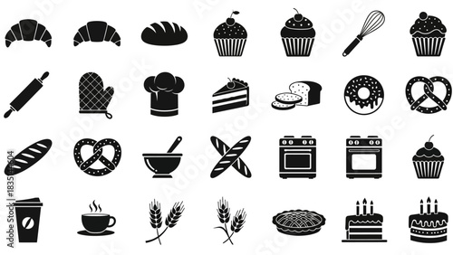 Collection of bakery icons featuring croissants, cupcakes, rolling pins, and various baked goods silhouettes