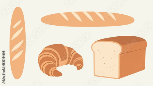 Variety of baked goods including bread and croissant on display.