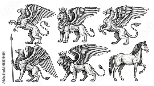 A collection of hand-drawn mythological creatures and heraldic beasts, including griffin and winged lion, in a vintage sketch style