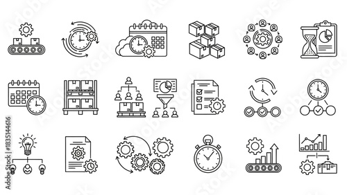A comprehensive collection of line art icons depicting business process management, workflow optimization, and productivity data