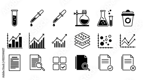 Comprehensive icon set for data analysis, scientific research, and document management, featuring laboratory equipment, business charts, and digital file operations for reports
