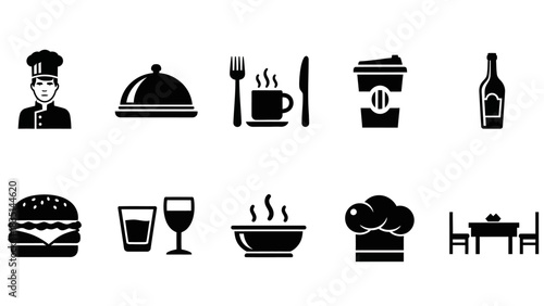Culinary Delights Black and White Food and Restaurant Icon Set