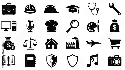 Diverse Career and Lifestyle Icons Set Work, Education, and Leisure