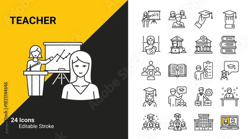 Education and Teaching Line Icon Set. This collection includes symbols for school, university, learning, and graduation. Editable stroke vector graphics for design projects