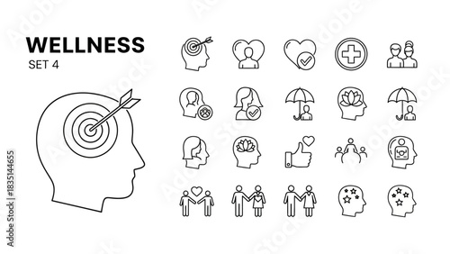 Comprehensive vector line icon set representing wellness, mental health, emotional balance, self-care, and personal growth for lifestyle and psychology concepts
