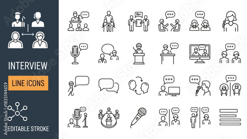Modern Line Icons Collection for Interview Processes, Communication, and Public Speaking Engagements - Editable Stroke Vector Set for Business and Dialogue Concepts
