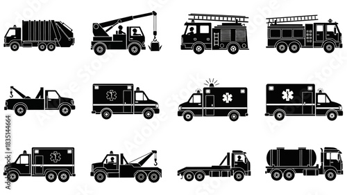 Collection of Transportation Icons Dump Trucks, Cranes, Fire Engines, Ambulances, and Tow Trucks