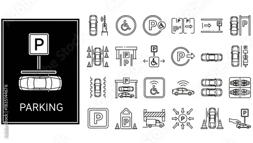 Parking icons set in a thin line style. Collection of car park symbols including smart parking, accessible spaces, and payment systems vector illustrations