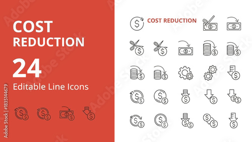 Cost Reduction 24 Editable Line Icons for Financial Savings, Budget Optimization, and Expense Control