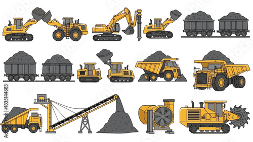 Vector Illustration Set of Industrial Mining and Construction Machinery Heavy Equipment for Earthmoving, Hauling, and Resource Extraction Operations