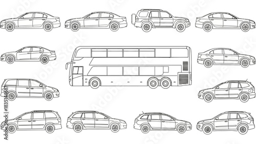 Collection of Line Art Car Illustrations Various Vehicle Styles and Transportation Options