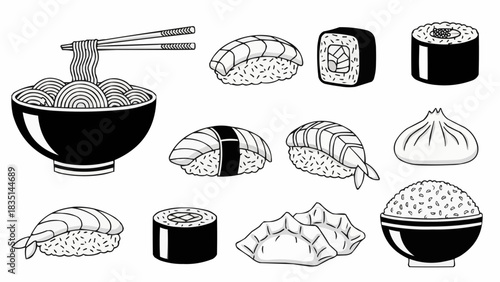 Japanese Cuisine Illustration Featuring Noodles Sushi and Dumplings.
