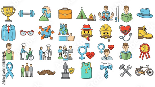 A comprehensive set of colorful line icons depicting fatherhood, men's health, various male professions, and lifestyle activities for design projects