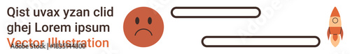 Personal development, progress, emotion, communication, growth, motivation. A sad face, text bars and a rocket icon. Progress and motivation concept with visual elements of transition