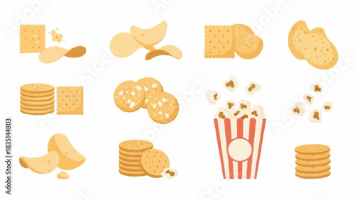 Assortment of Delicious Snacks Including Chips Crackers and Popcorn.
