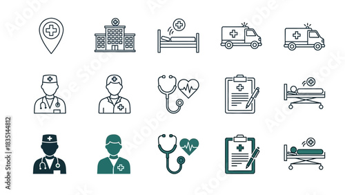 Healthcare Icons Medical Staff, Ambulance, Hospital Bed, and Clipboard