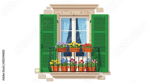 Charming balcony with vibrant flowers and green shutters adds European flair to any project offering beauty and cheerfulness in design