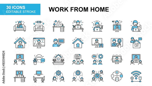 Remote work and home office thin line icon collection. Vector symbols for telecommuting, online meetings, and virtual business collaboration