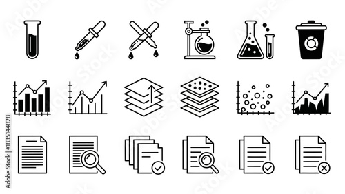 Vector icon collection for scientific research and business data analytics, featuring laboratory, graph, and document management symbols