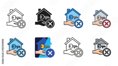 Property Rejection Icon Set House Key with Cancellation Mark for Real Estate Design