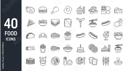 Expansive collection of 40 line art food icons for menus, apps, and web design, showcasing a diverse range of meals, snacks, and drinks in a modern, minimalist vector graphic style